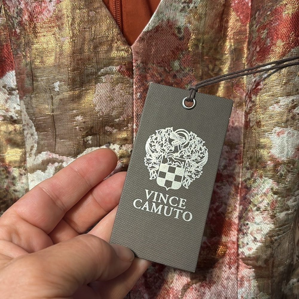 Vince Camuto NWT Metallic Jacquard Terracotta Floral Fit & Flare Pocket Dress 2 - Picture 6 of 8